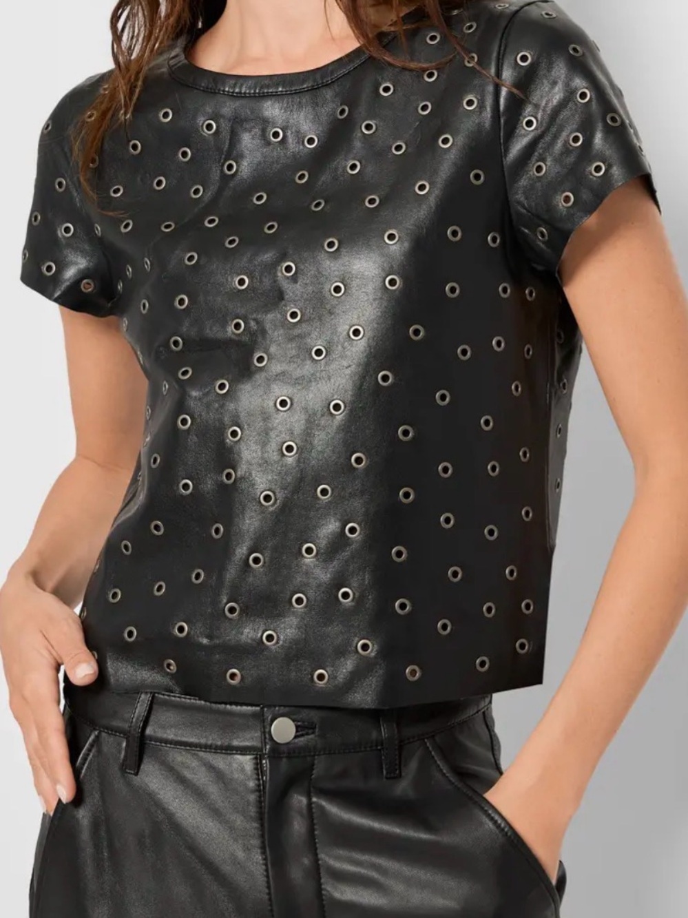 Black Eyelet Recycled Leather Short Sleeve Tee